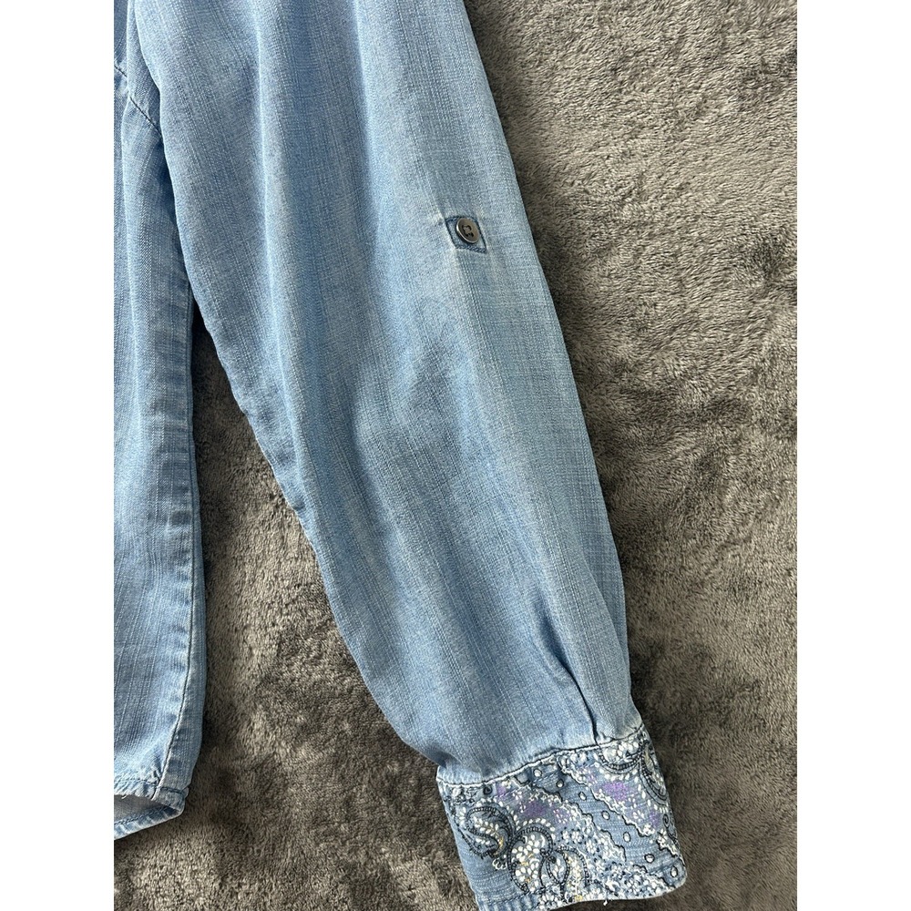 Style & Co Womens Blue Denim Button-Up Shirt Top Size L Roll-tab Sleeves - Picture 7 of 9